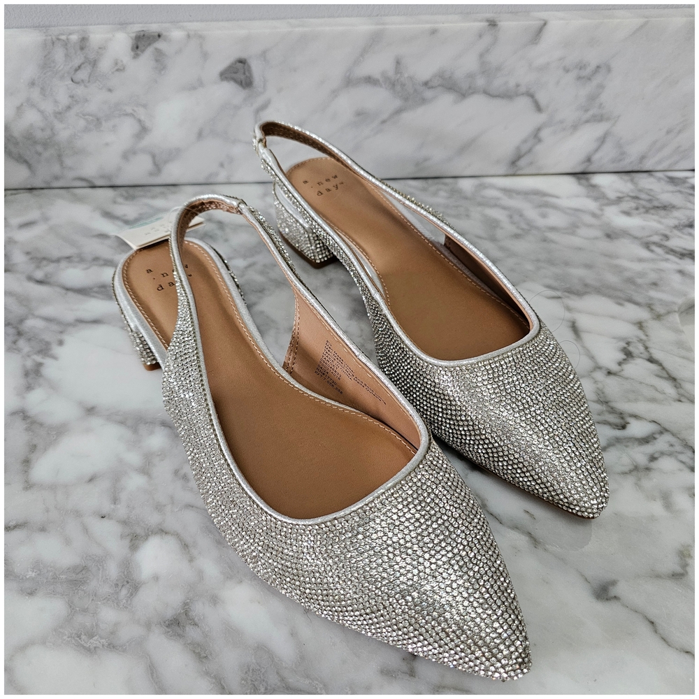 a new day, Silver Rhinestone Pointed Slingback Flats